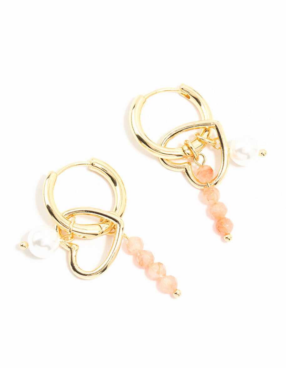 Gold Plated Bead & Pearl Heart Drop Earrings