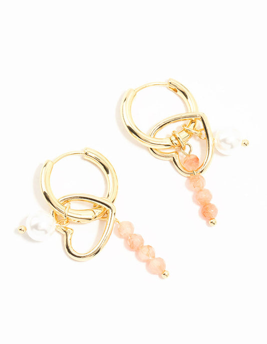 Gold Plated Bead & Pearl Heart Drop Earrings