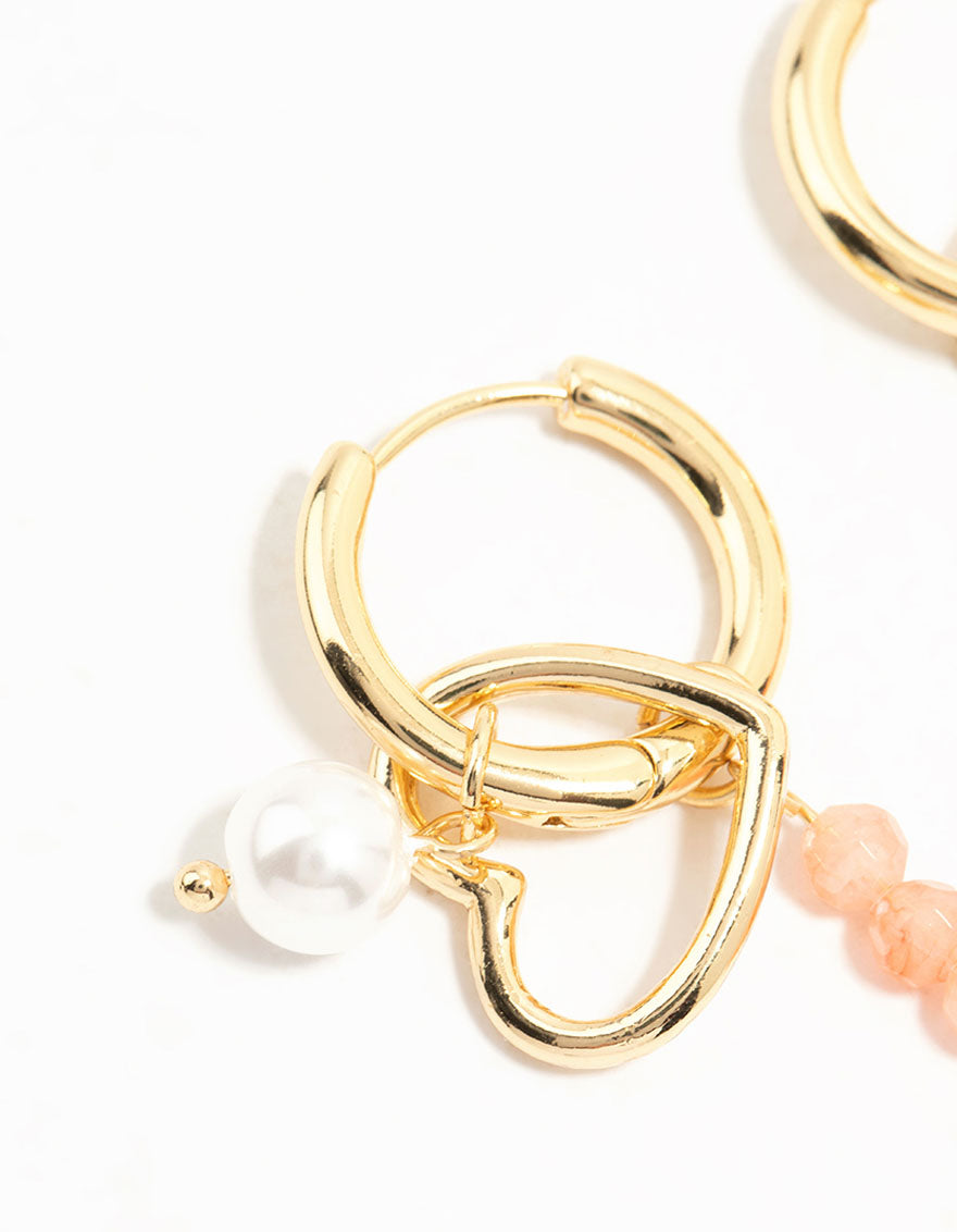 Gold Plated Bead & Pearl Heart Drop Earrings