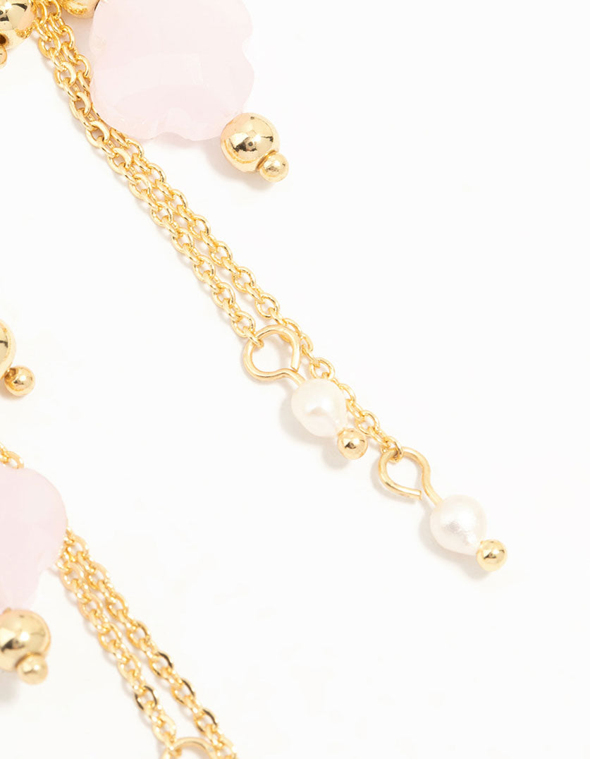Gold Plated Pink Stone & Pearl Huggie Earrings