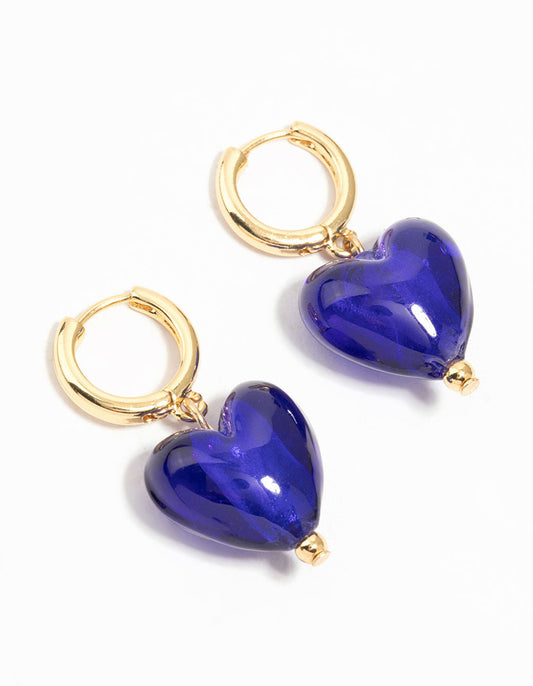 Gold Plated Glass Heart Beads Huggie Earrings