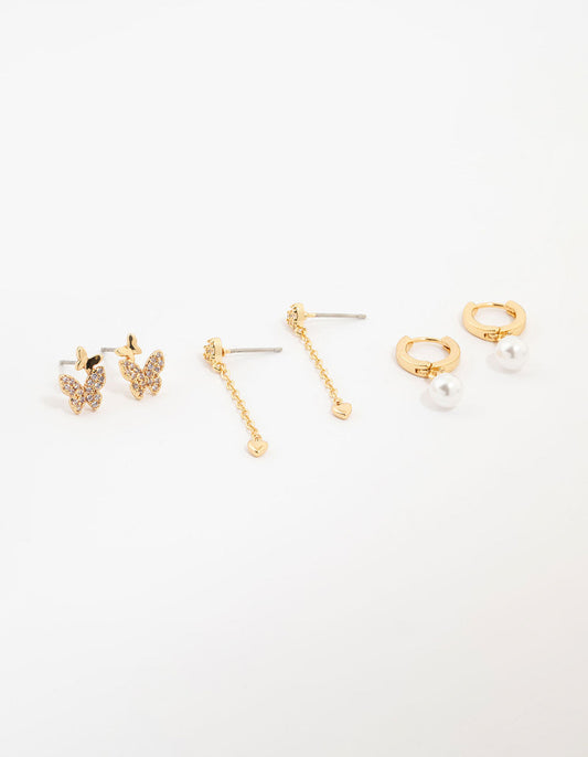 Gold Plated Cubic Zirconia Pearl & Butterfly Earrings 3-Pack