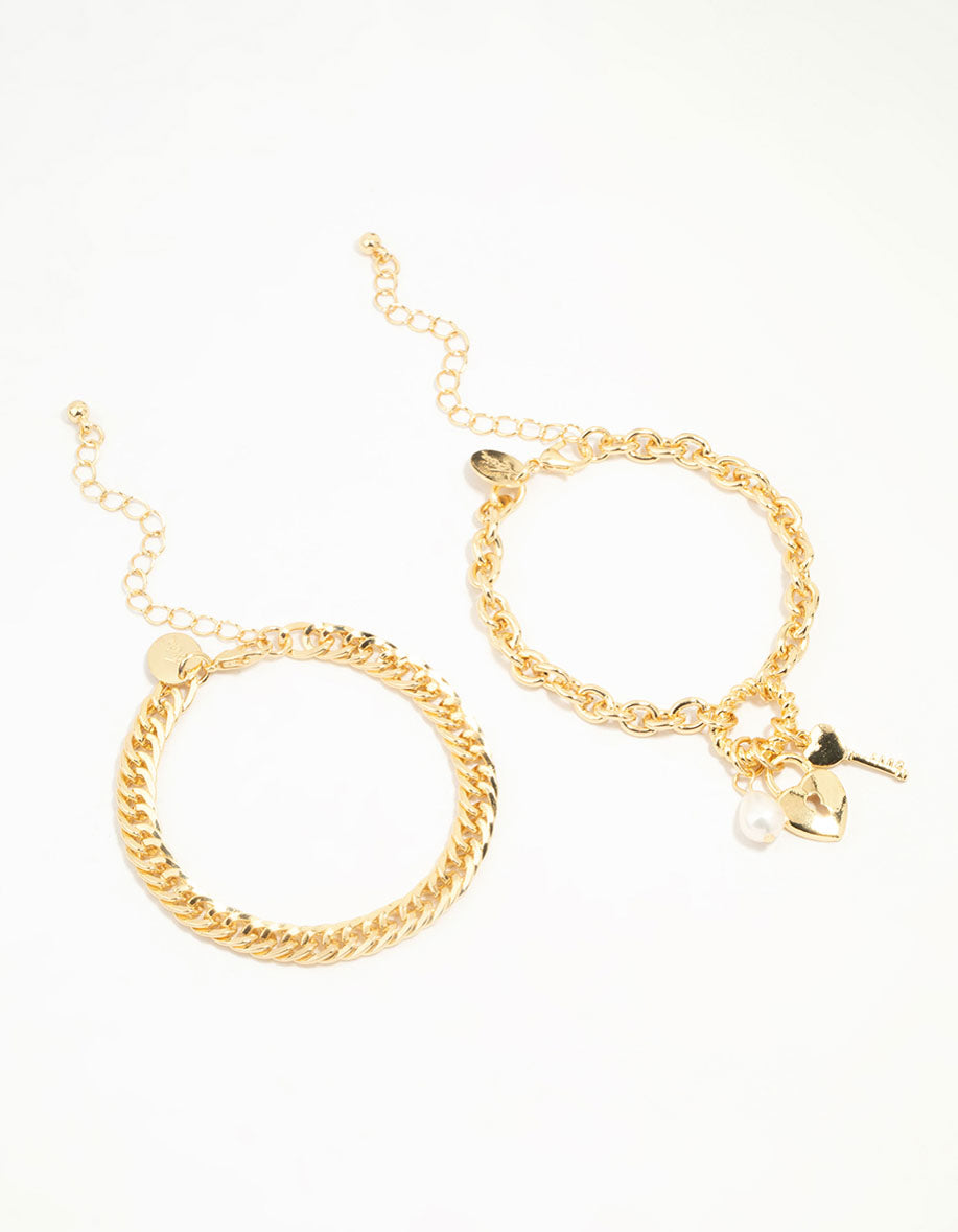 Gold Plated Chain & Lock Charm Bracelets 2-Pack