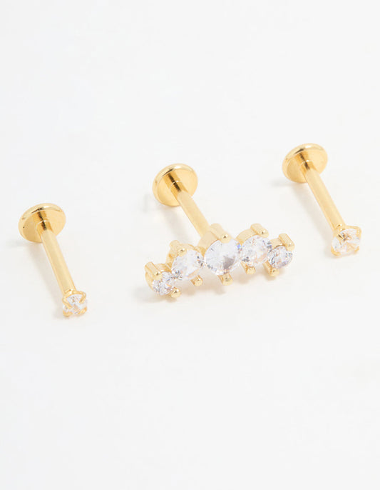 Gold Plated Surgical Steel Round Crawler Flat Back Studs 3-Pack