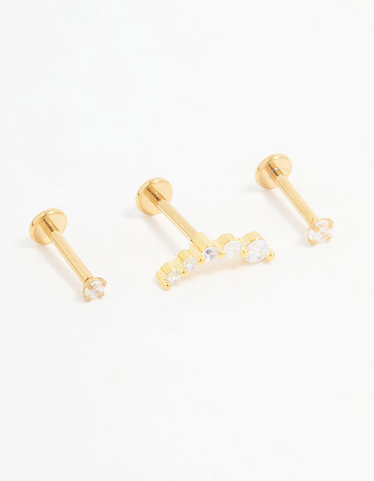 Gold Plated Titanium Cubic Zirconia Ball Flat Back Studs 3-Pack