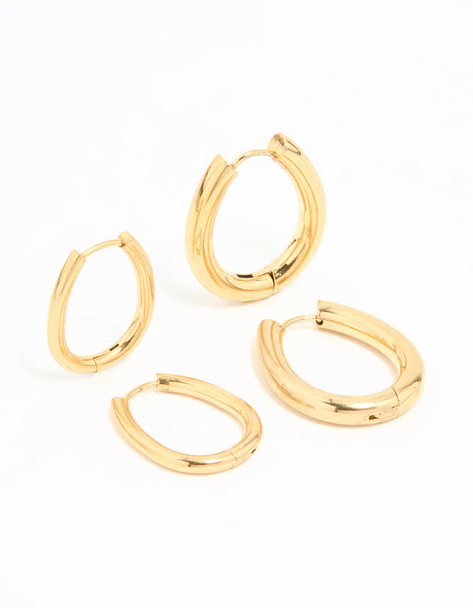 Waterproof Gold Plated Stainless Steel Oval Tube Hoop Earrings 2-Pack