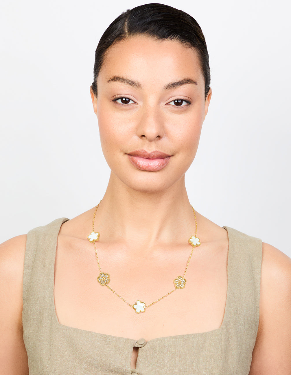 Waterproof Gold Plated Stainless Steel Diamante Flower Petal Charm Necklace