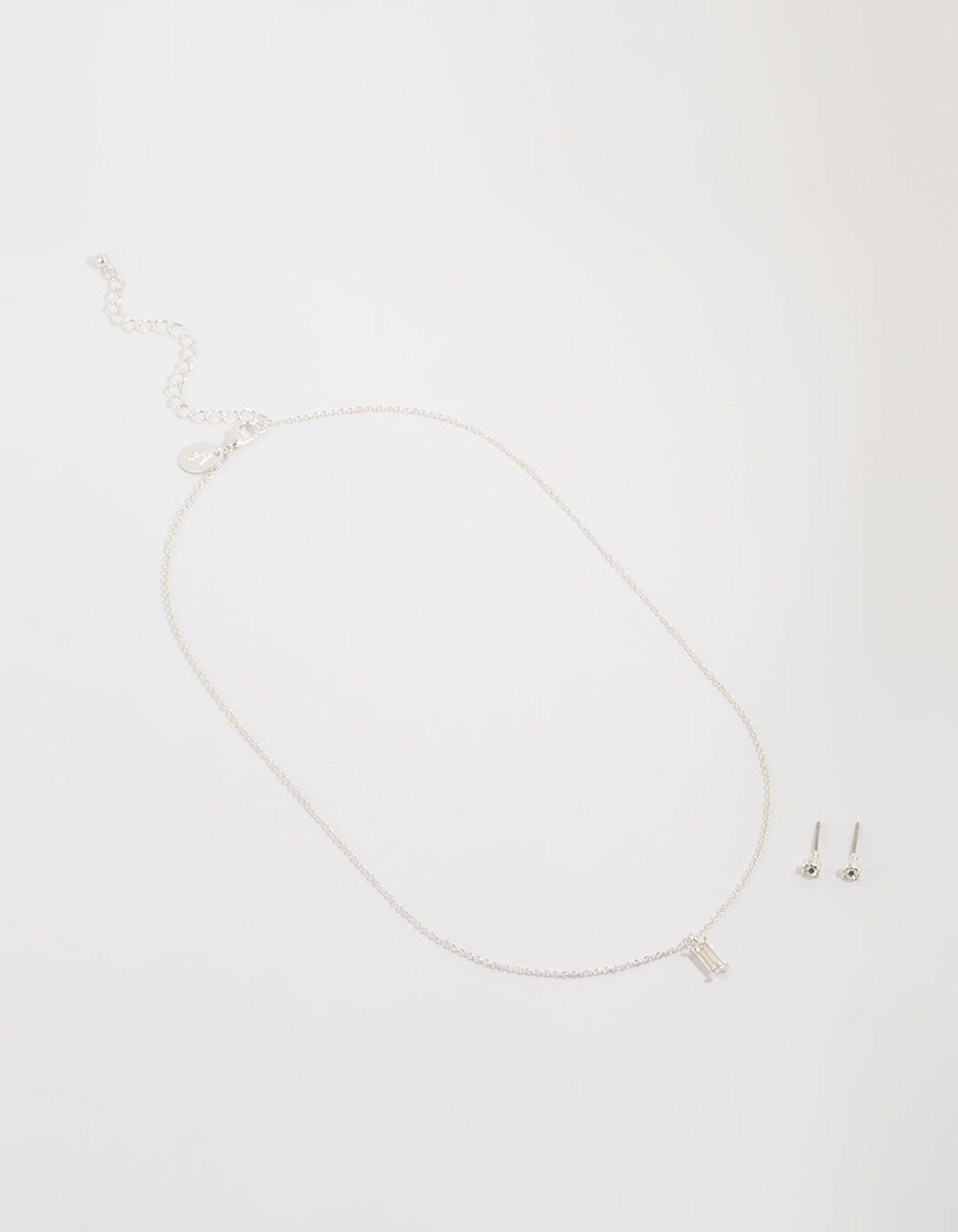 Silver Plated Baguette Diamante Necklace & Stud Earrings Set