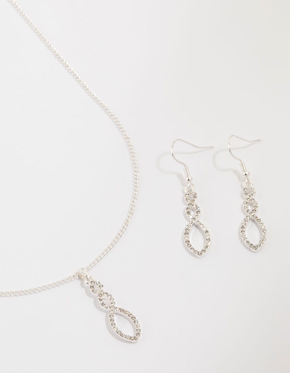 Silver Diamante Twisted Necklace & Stud Earrings Set