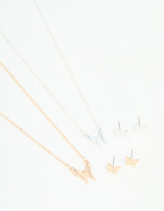 Mixed Metals Butterfly Necklace & Earrings Set