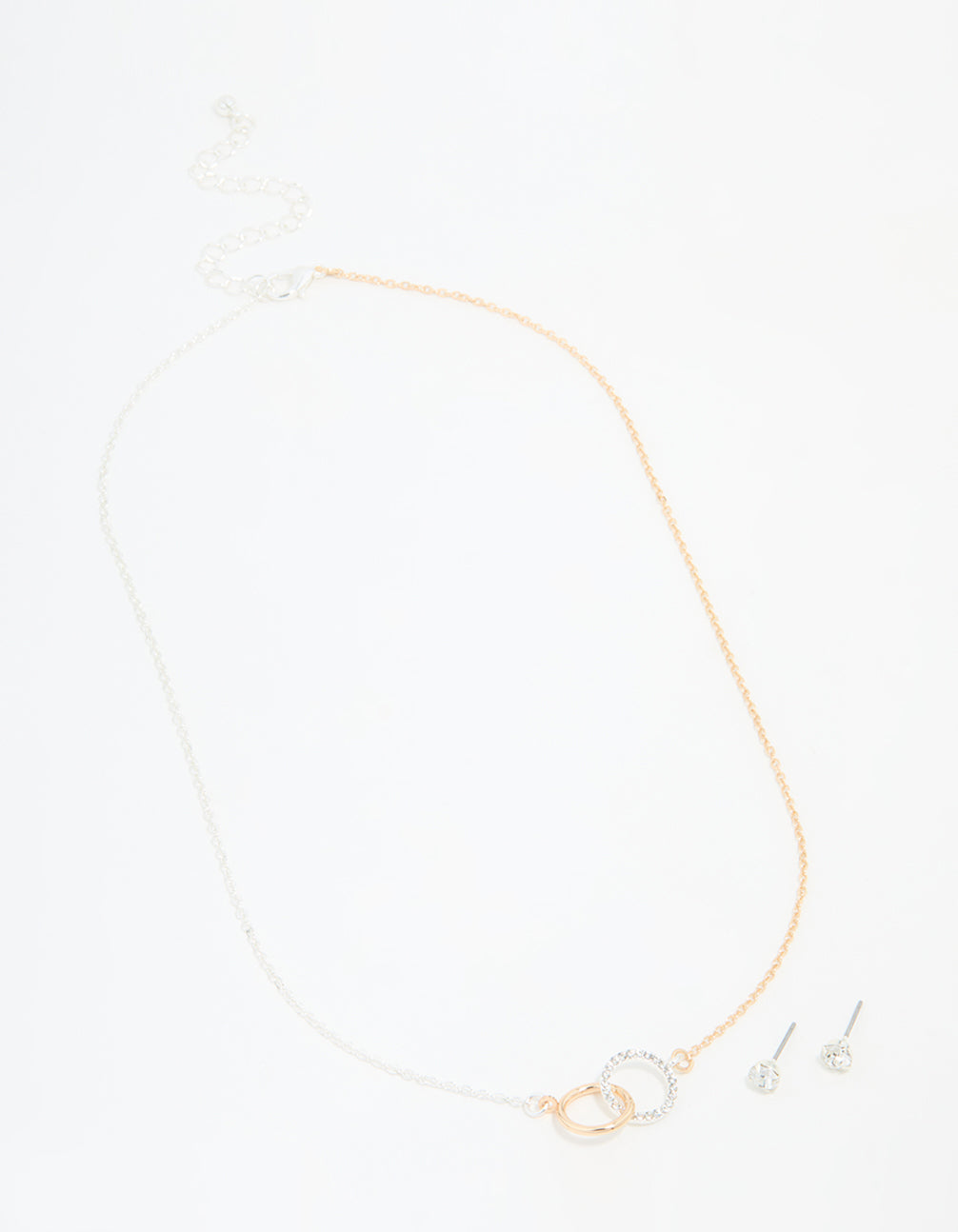 Mixed Metals Linked Circle Necklace & Stud Earrings Set