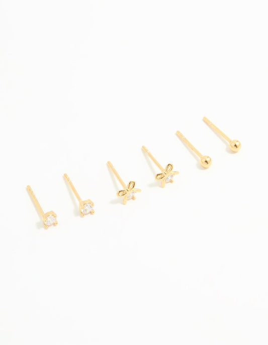 Gold Plated Sterling Silver Bow & Sleek Earrings 3-Pack
