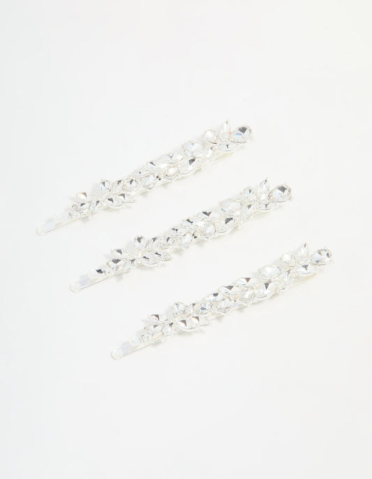 Silver Diamante Leafy Hair Slides 3-Pack