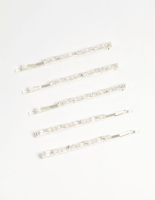 Silver Diamante Baguette & Round Hair Slides 5-Pack