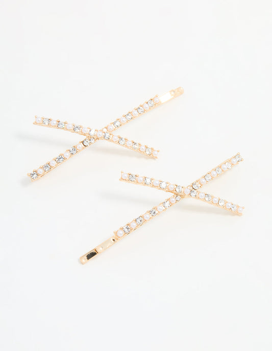 Gold Acrylic & Pearl Crossover Hair Slides 2-Pack