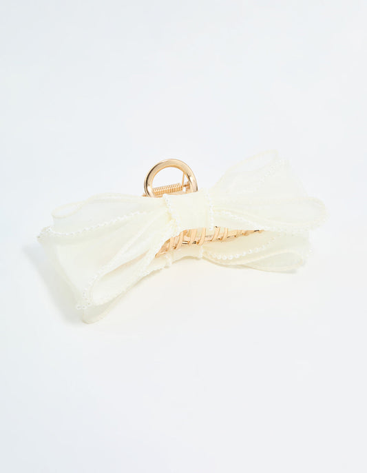 White Organza Fabric & Pearl Bow Claw Clip