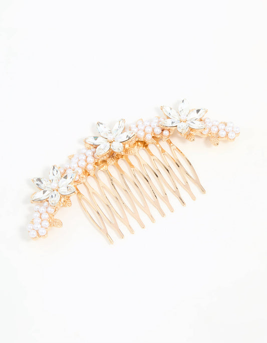 Rose Gold Diamante & Pearl Flower Comb