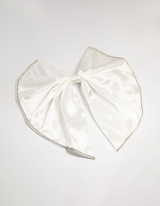 White Fabric Diamante Edge Cascading Bow Clip