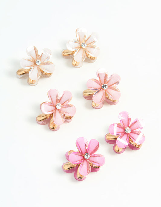 Gold Pink Diamante Mini Flower Claw Clips 6-Pack