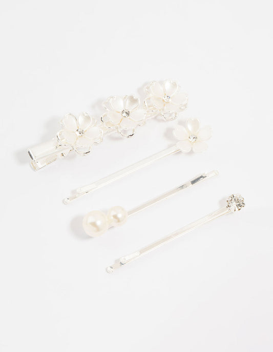 Silver Pearl Mixed Flower Clips 4-Pack