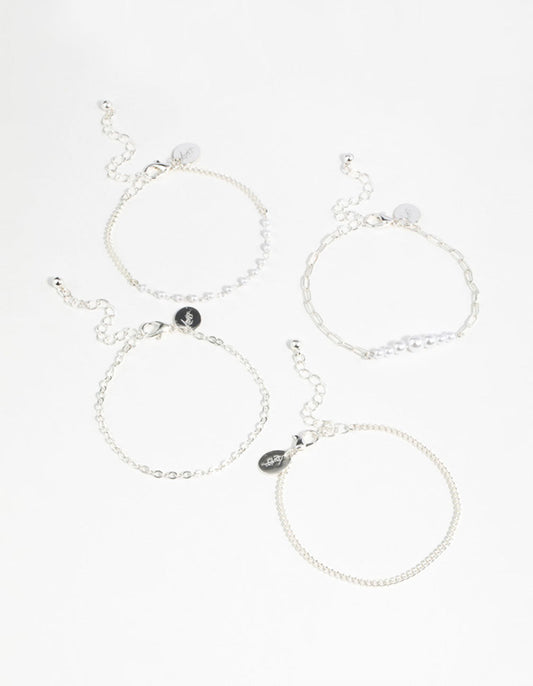 Silver Pearl Paperclip Chain Bracelets 4-Pack