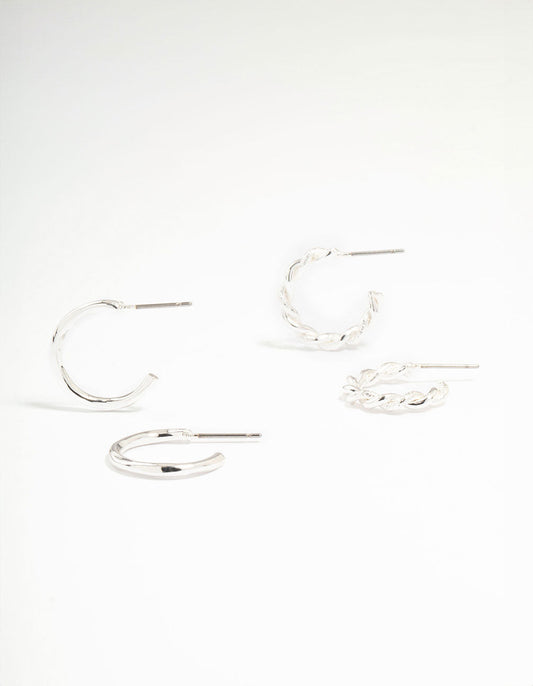 Silver Thin Twisted Hoop Earrings 2-Pack