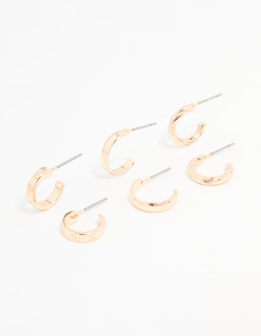 Gold Textured & Sleek Hoop Earrings 3-Pack