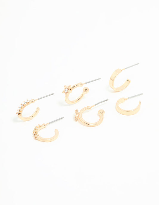 Gold Diamante Star Huggie Earrings 3-Pack