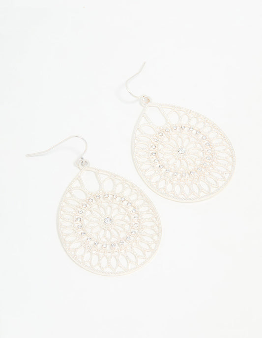 Silver Diamante Filigree Drop Earrings