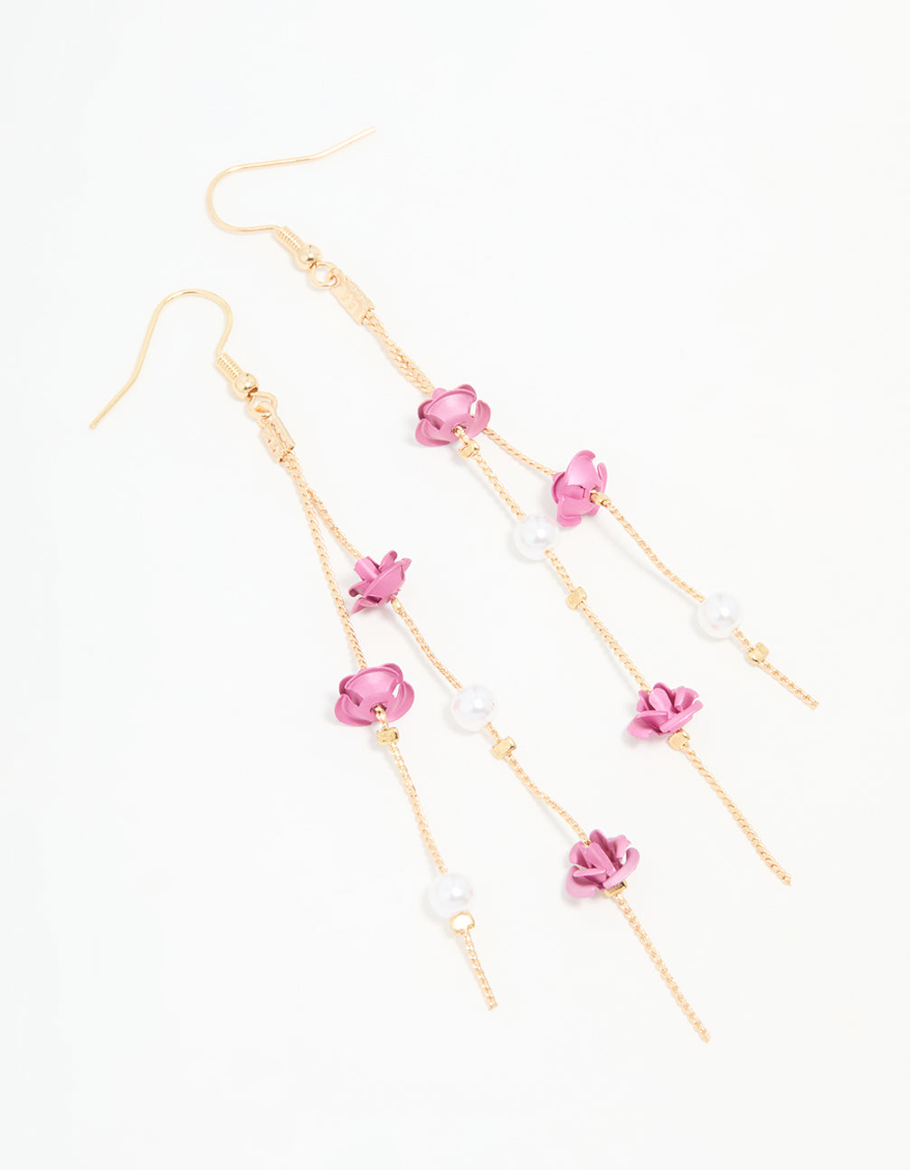 Gold Pearl & Pink Rose Chain Drop Earrings
