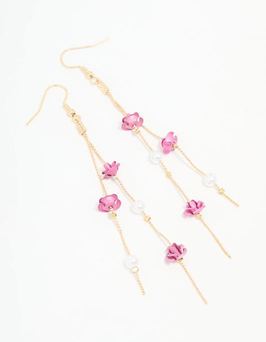 Gold Pearl & Pink Rose Chain Drop Earrings