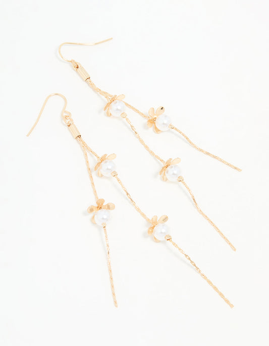 Gold Pearl Flower Chain Drop Earrings