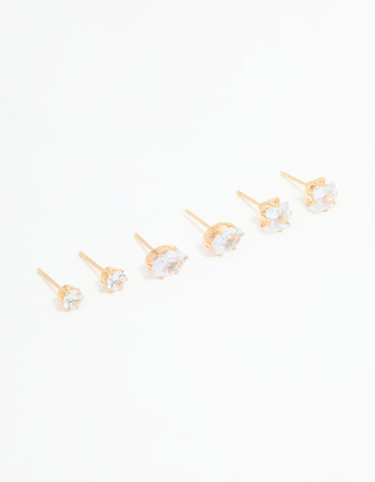 Gold Diamante Mixed Stud Earrings 3-Pack