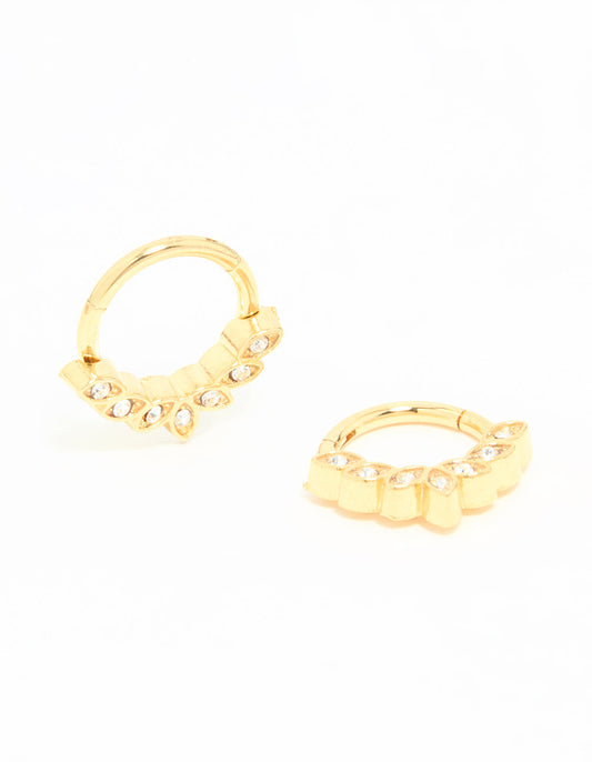 Gold Plated Surgical Steel Cubic Zirconia Leaf Clicker Sleeper Hoop Earrings