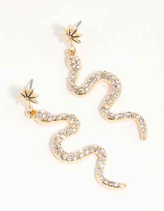 Gold Diamante Star & Snake Drop Earrings