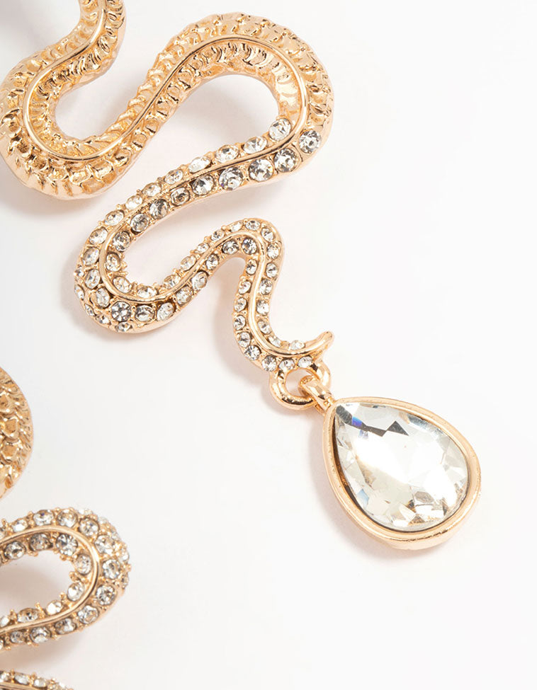 Gold Diamante Snake Drop Earrings