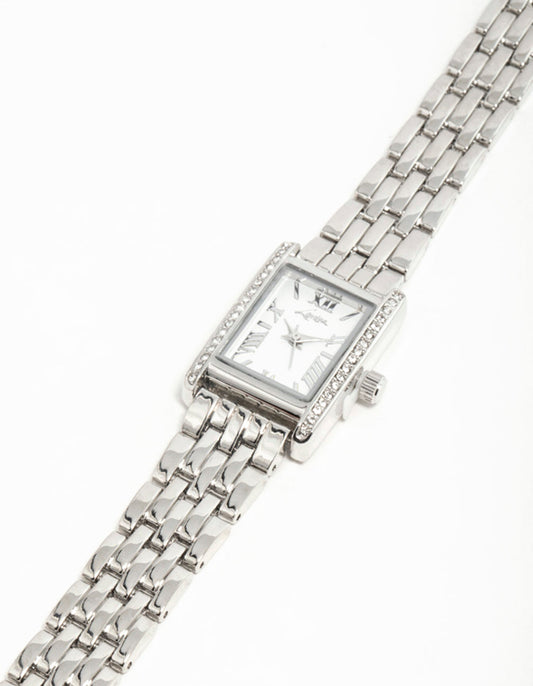 Silver Diamante Roman Numeral Enamel Rectangle Watch