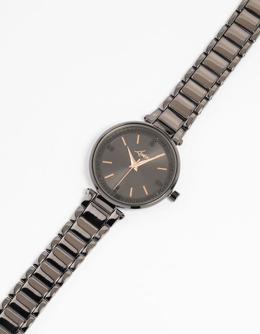 Black Coated Metal Diamante Round Watch