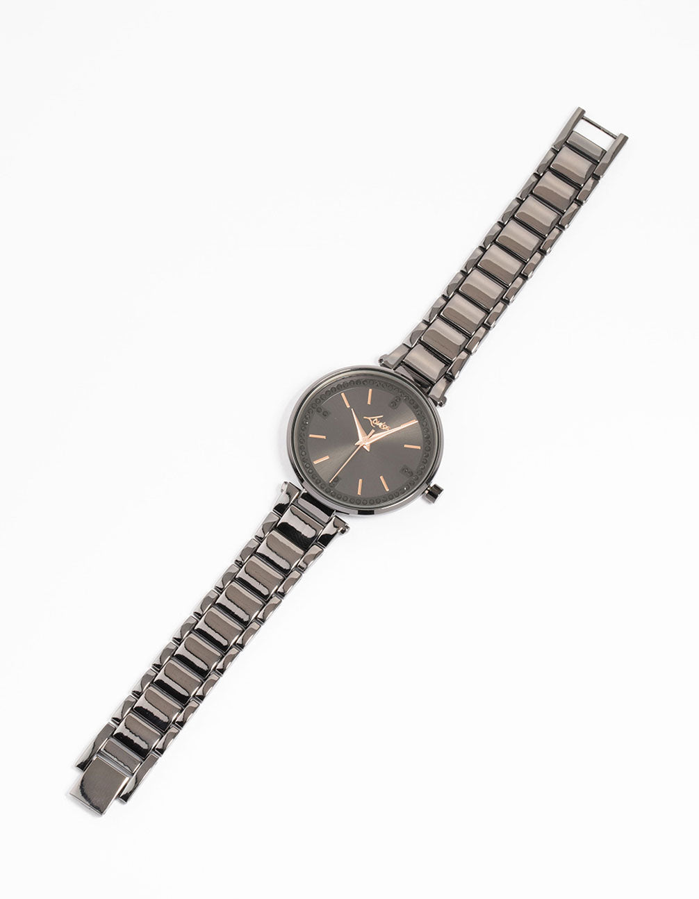 Black Coated Metal Diamante Round Watch