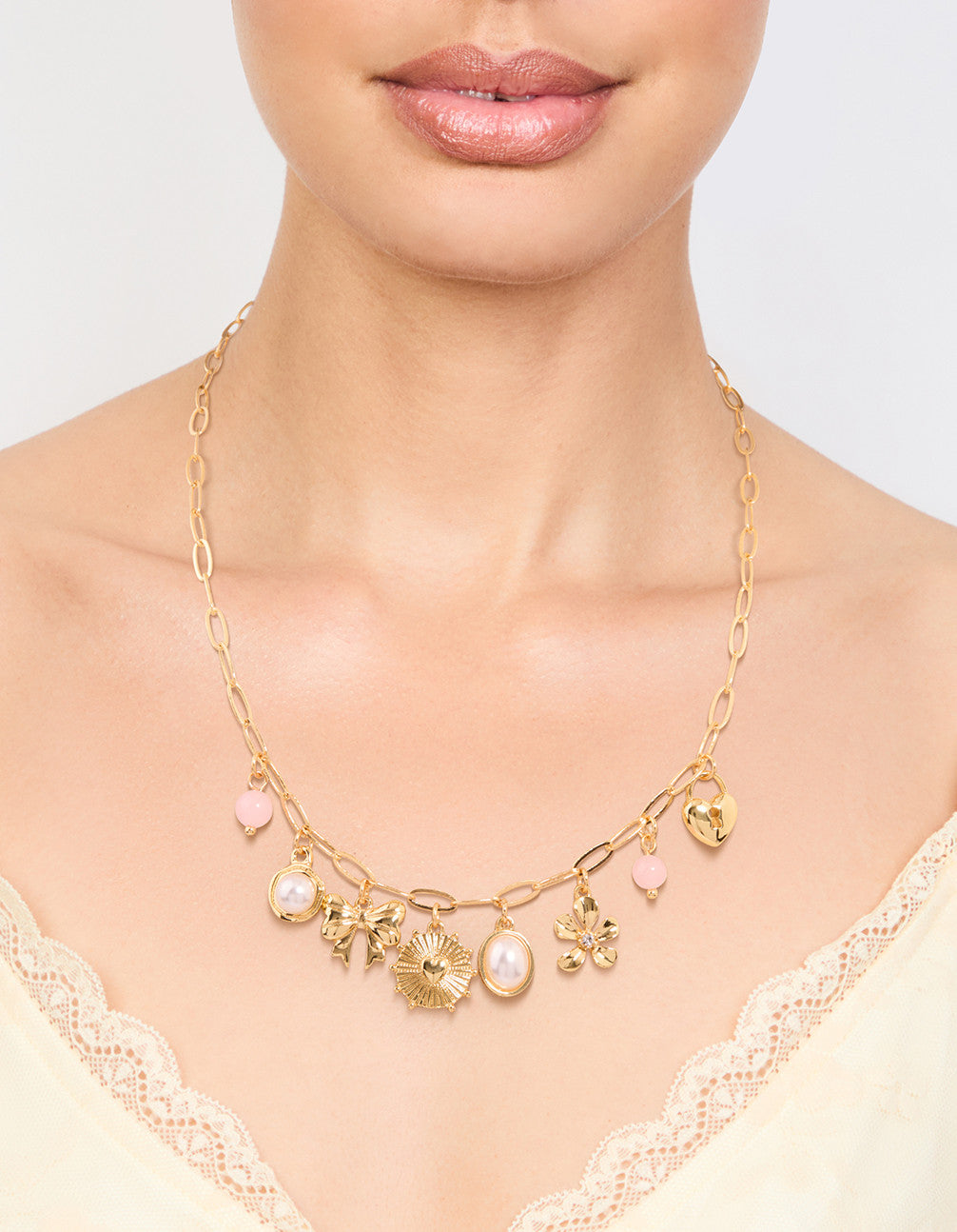 Gold Plated Pink Bead & Pearl Charm Necklace