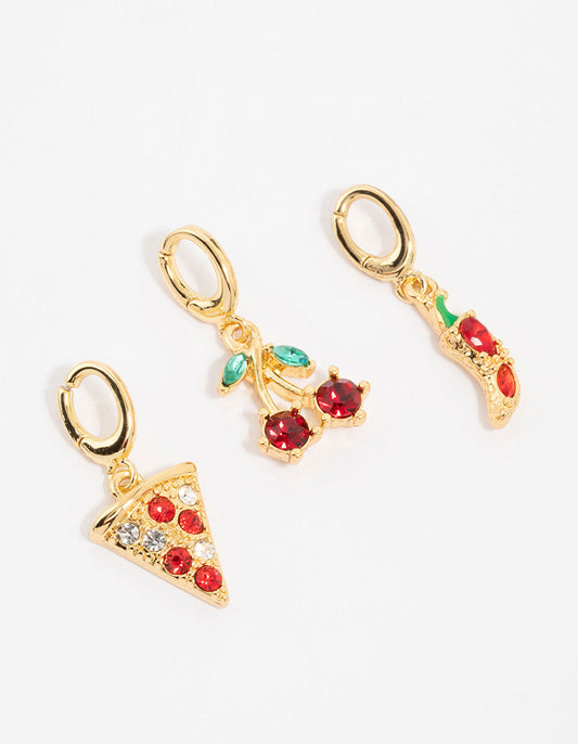 Gold Plated Diamante Cherry & Pizza Charms 3-Pack