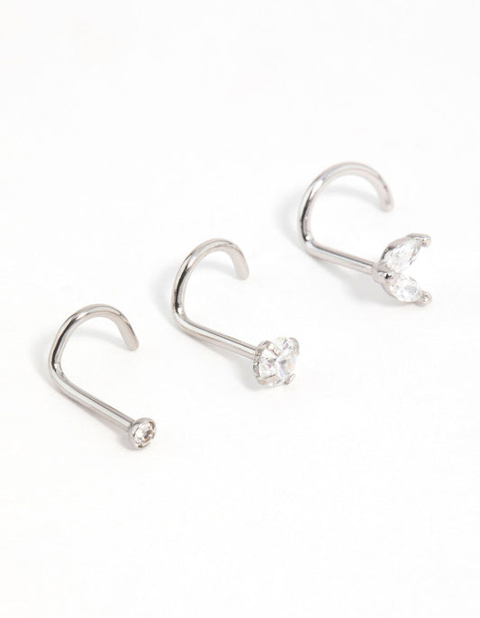 Surgical Steel Cubic Zirconia Butterfly & Round Nose Stud 3-Pack