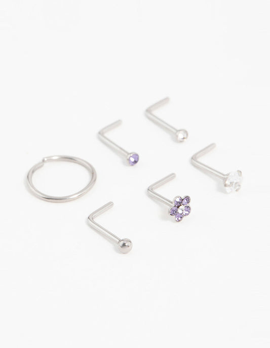 Surgical Steel Cubic Zirconia Flower Nose Piercing 6-Pack