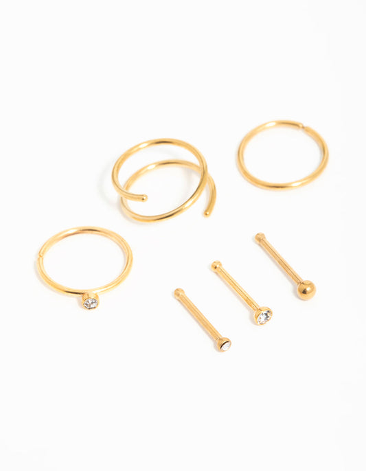 Gold Plated Surgical Steel Cubic Zirconia Bezel Nose Piercings 6-Pack