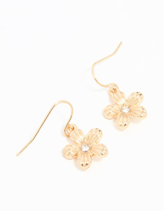 Gold Diamante Flower Drop Earrings