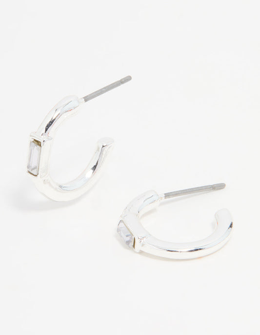 Silver Diamante Baguette Huggie Earrings
