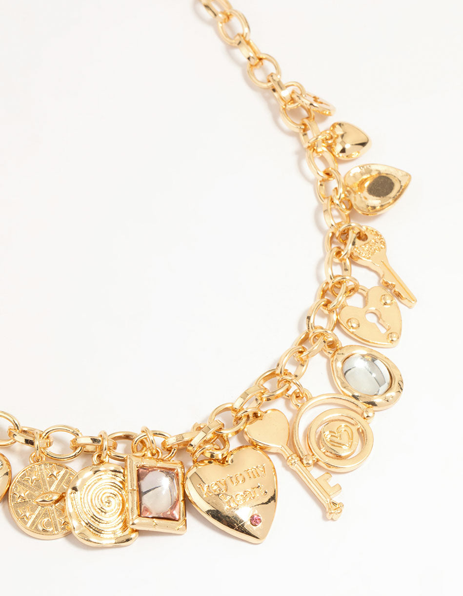 Gold Heart & Key Charm Necklace
