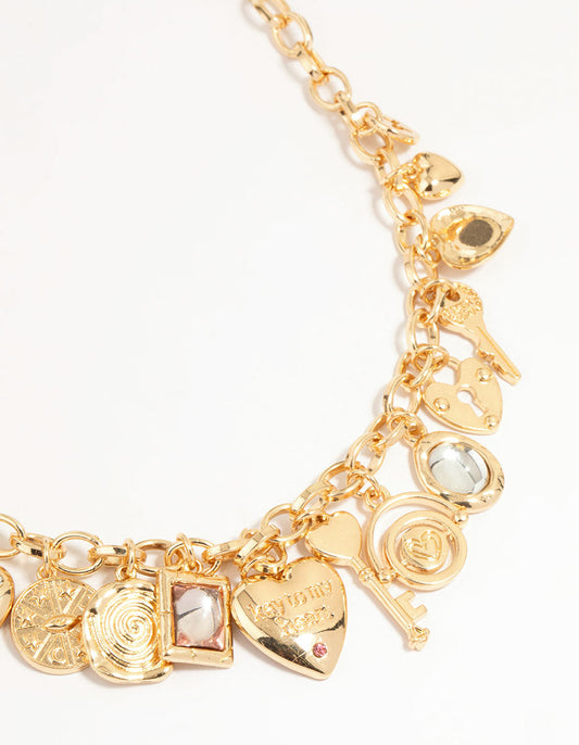 Gold Heart & Key Charm Necklace