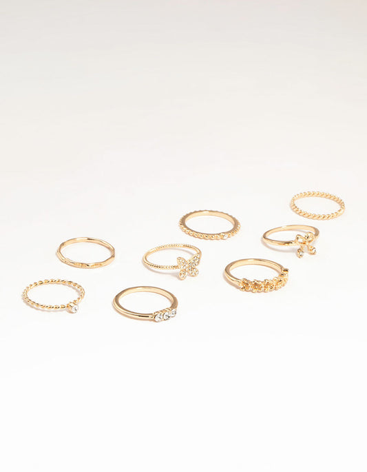 Gold Butterfly & Bow Rings 8-Pack
