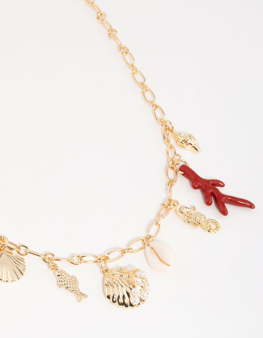 Gold Shell & Fish Charm Necklace